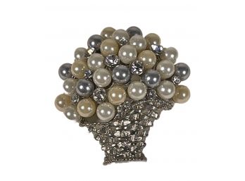 Silver Tone Designer  Basket Of Faux Pearls Flower Basket Brooch