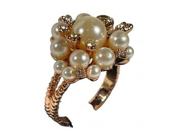 Vintage Gold Tone Faux Pearl Cluster Dinner Ring