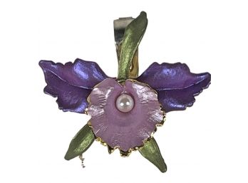 Designer Enamel Gold Tone And Silver Brooch Of An Orchid W Pearl