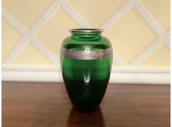 Fantastic Green Glass Vase With Sterling Embellishments