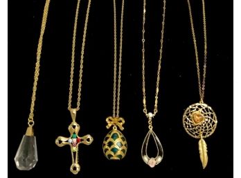 5 Gold Tone Pendant Necklaces Including Cloisonne