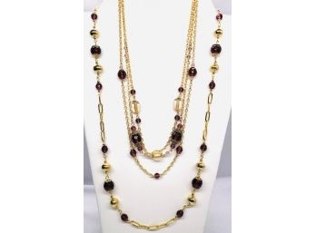 2 Bohemian Amethyst Glass Bead & Gold Tone Necklaces