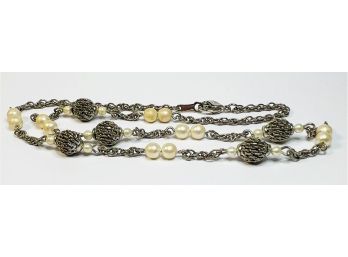 Unique Silver Tone Necklace With Faux Pearls