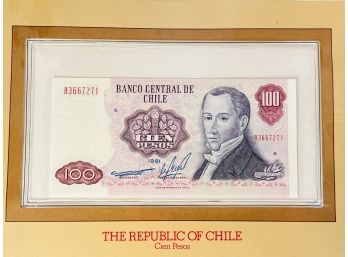 THE REPUBLIC OF CHILE - CIEN PESOS  Uncirculated Foreign Paper Money With Info/ History