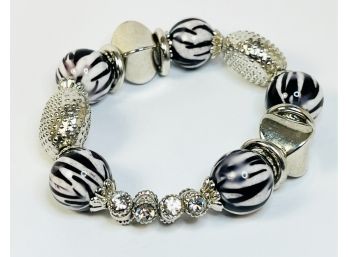 Modern Black And White And Silver Stretch Ball Bracelet