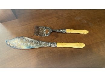 An Antique Set Of Silver Plated Carved Bone Fish Servers