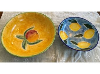 A PAIR Of SOLIMENE Ceramic Vietri Bowls - 11' & 12' Diameter  X 3' & 4'H Made In Italy