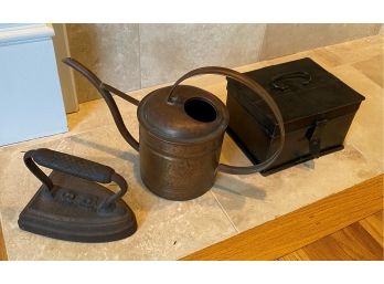 A Group Of Vintage Mixed Metal Collectibles - Old Iron, Water Can & Little Storage Box