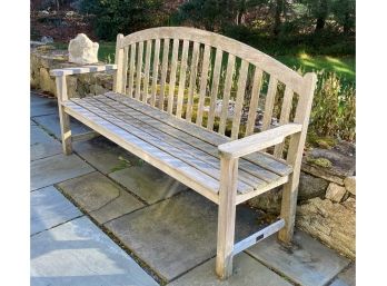 A Weathered Slat Teak Wood Outdoor Bench By Wood Classic Made In USA