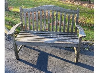 A Weathered  Slat Teak Wood Bench By Smith & Hawken Made In USA