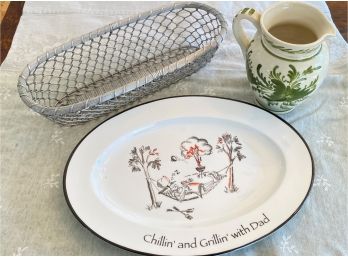 A Mixed Lot Of Tableware - Bread Basket, Chillin & Grillin With Dad Platter, Pitcher Made In Greece