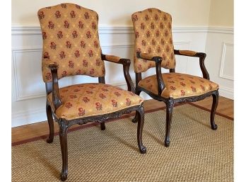 A Pair Of Vintage Elegant Upholstered Carved Arm Chairs