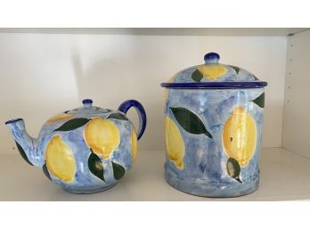 A  Two Pieces Lot Of SOLIMENE Vietri  Ceramic Teapot & Canister Made In Italy