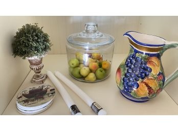 A Mixed Lot Of Decorative Items - Glass Canister, Pitcher & More