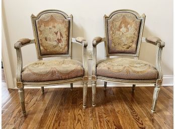 Pair Of Louis XV Style Antique Fauteuil Armchairs With Tapestry Fabric