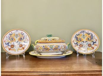 Handmade Signed Italian Raffaellesco Deruta Soup Tureen With 2 Centerpieces Made In Italy