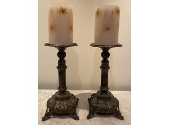 Pair Of White Metal Candle Holders