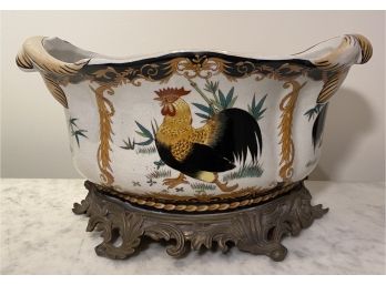 Porcelain Rooster Planter Mounted On Ormolu Base