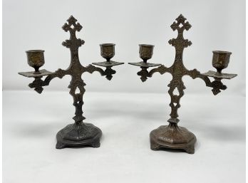 Spanish Renaissance Style Embossed Two- Light Candelabras - A Pair