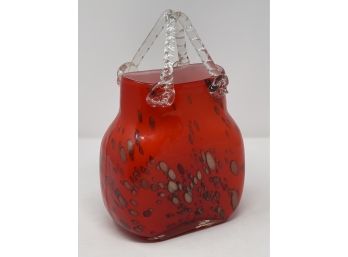 Mottled Art Glass Purse Vase With Clear Glass Applied Twisted Handles