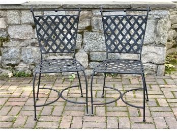 Wrought Iron Classic Lattice Design Bistro Side Chairs - A Pair