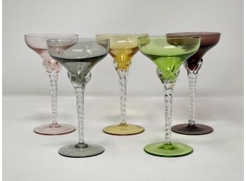 Colored Coupe Glasses With Clear Glass Twisted Stems- Set Of 5