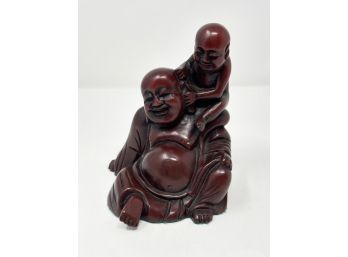 Red Lacquered Wooden Laughing Buddha With Child Figurine