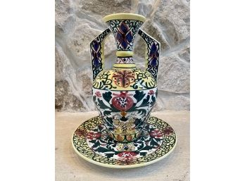 Hand Painted Spanish Pottery Large Double Handle Vase And Wall Plate