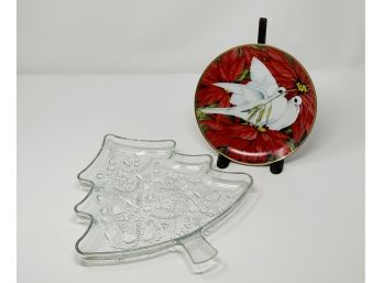 Christmas Tree Holiday Glass Serving Tray Together With A Franklin Mint Christmas Doves Plate Maureen Jensen