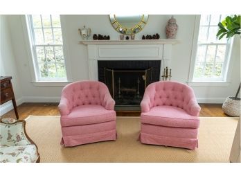 Rose Pink Swivel Rocker Tufted Barrel Back Chairs - A Pair