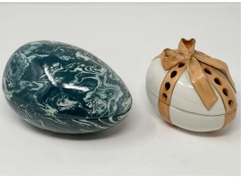 Egg Form Mottahedeh Trinket Box Together With A Grazia Deruta Marbled Ceramic Box