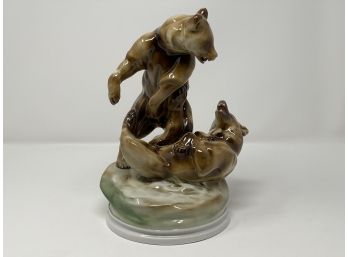 Antique Large Zsolnay Fighting Bears Hungarian Porcelain Figurine