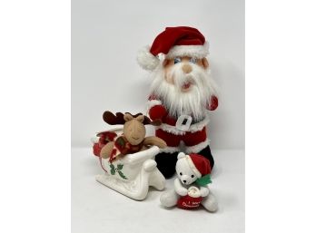 Christmas Decor- Santa, Ceramic Sleigh And Two Miniature Stuffed Animals