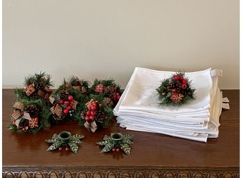 Set Of 20 PrimaVera Damask Napkins, 7 Christmas Napkin Rings And A Pair Of Holiday Candleholders