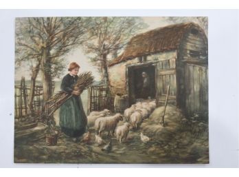 9x12 Country Scene Litho - Sheep And Lady With Sticks