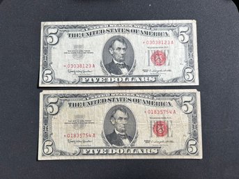 (2) $1 Silver Cert Star Notes, (2) $2 Red Seal Star Notes, (2) $5 Red Seal Star Notes