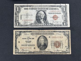 $1 1935-A Hawaii Note, $20 1929 Chicago Federal Reserve Note