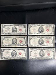 (6) $2 & $5 Red Seal Notes