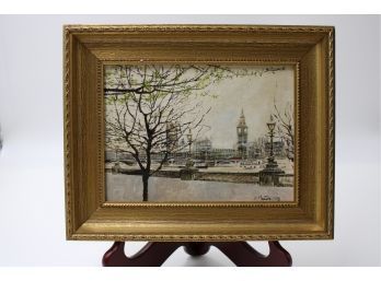 BIG BEN LONDON LANDSCAPE BY E. PICTOR 1978 OIL HAND PAINTING ON CANVAS IN 10' X 8' FRAME