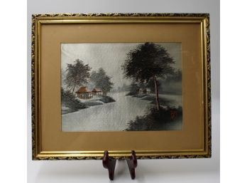 VINTAGE ASIAN SILK THREAD RIVER LANDSCAPE PAINTING HAND THREADED BY UNKNOWN ARTIST 16' X 13' FRAME