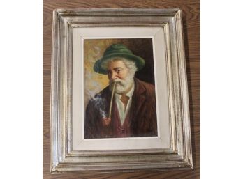 OLD MAN SMOKING PIPE BY UNKNOWN ARTIST OIL HAND PAINTING ON CANVAS IN 18' X 22' FRAME