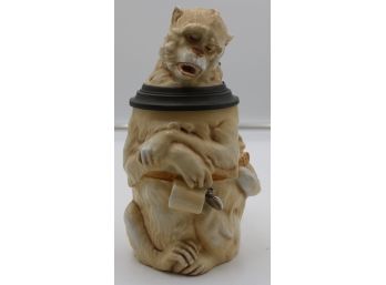 ANTIQUE HAND CRAFTED SCHIERHOLZ GERMAN BEER STEIN MONKEY W/ PEWTER LID