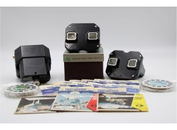 (3) SAWYER VIEWMASTER STEREOSCOPES W/ LIGHT ATTACHMENT AND (51) VIEWMASTER SLIDES