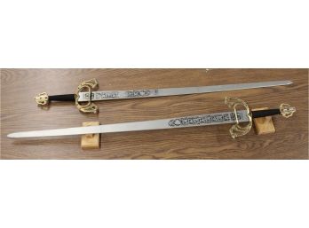 (2) LARGE TOLEDO COLLECTIBLE REPLICA MADE IN SPAIN 42' BRASS JEWEL SWORD LOT