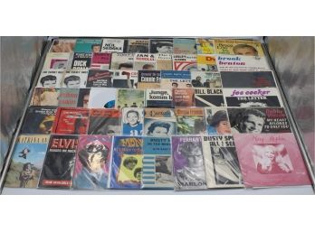 2 BINDERS OF 45RPM RECORDS IN SLEEVES, BOX LOT OF RECORD SLEEVES & RECORDS (ELVIS, KATE BUSH)