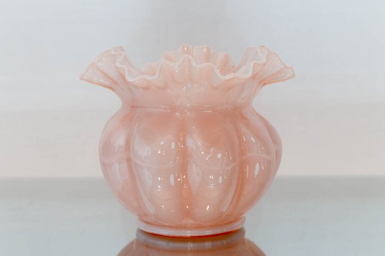 5' Fenton Pink Overlay Ruffled Melon Vase