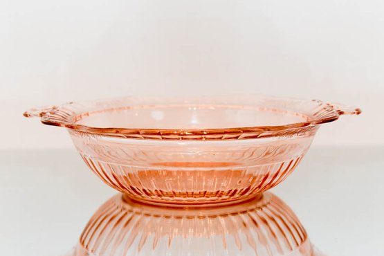 1930s Hocking Pink Depression Glass Open Rose Handled Serving Bowl