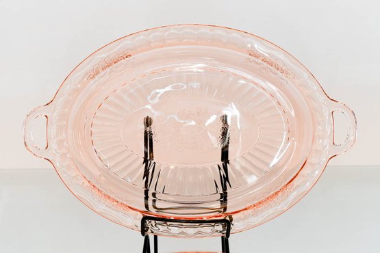 1930s Hocking Pink Depression Glass Open Rose Handled Oval Serving Plate