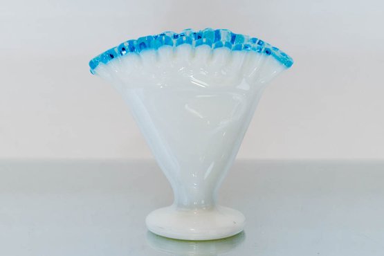4.5' Fenton Turquoise Crest Milk Glass Fan Vase