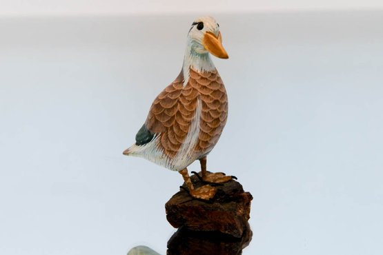 3.75' Hand Carved And Painted Wooden Duck With Green Tail